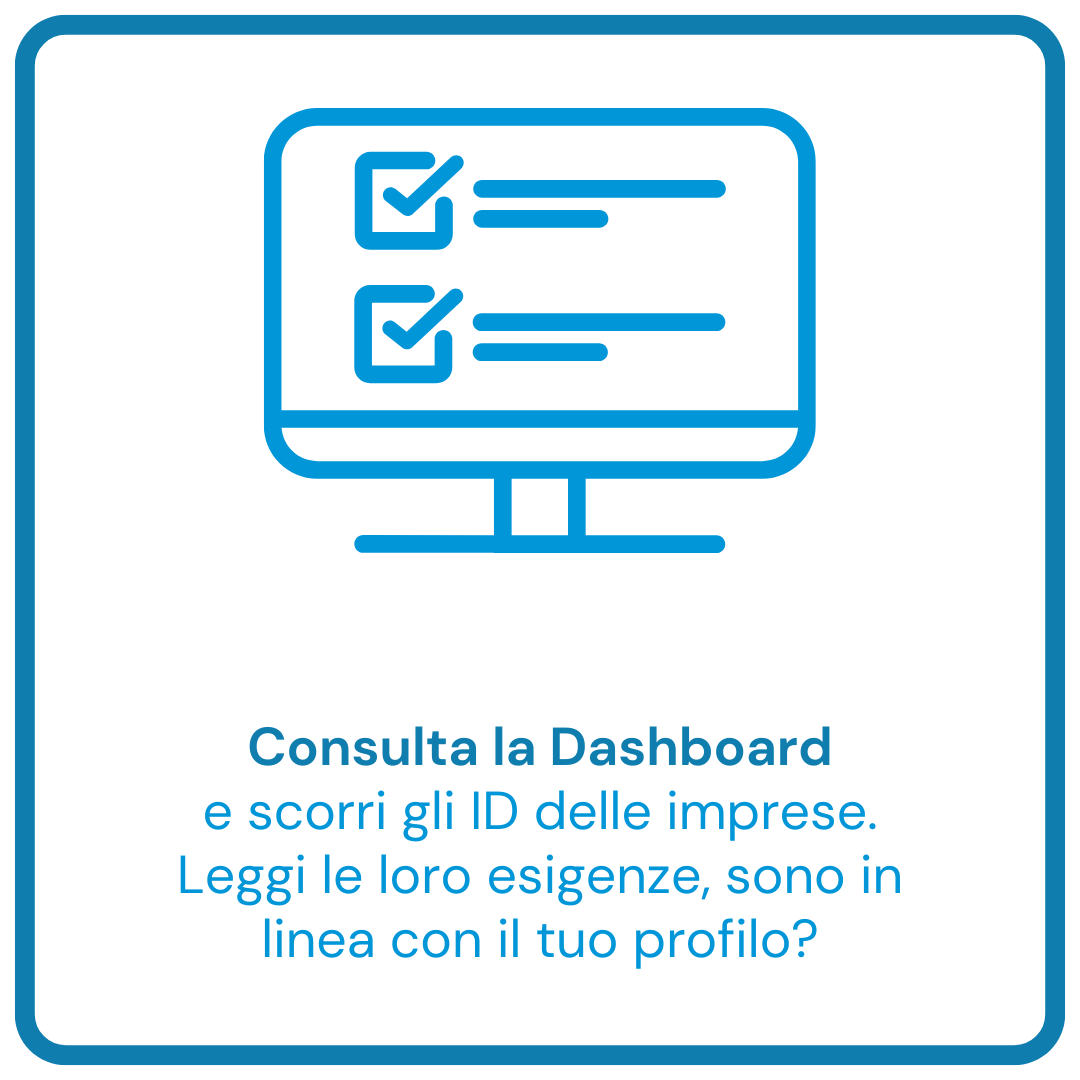 Accedi alla Dashboard e scorri gli ID delle imprese. Leggi le loro esigenze, sono in linea con il tuo profilo?