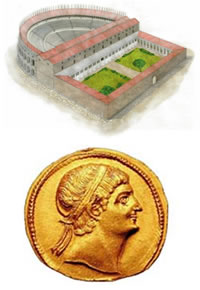 logo Teatro romano e soldo di Costantino